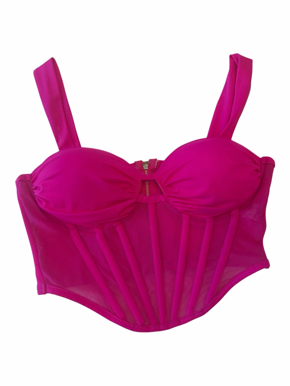 Cefian Hot Pink Corset Crop Top Sheer Mesh Boning Zipper Back Bustier Size S